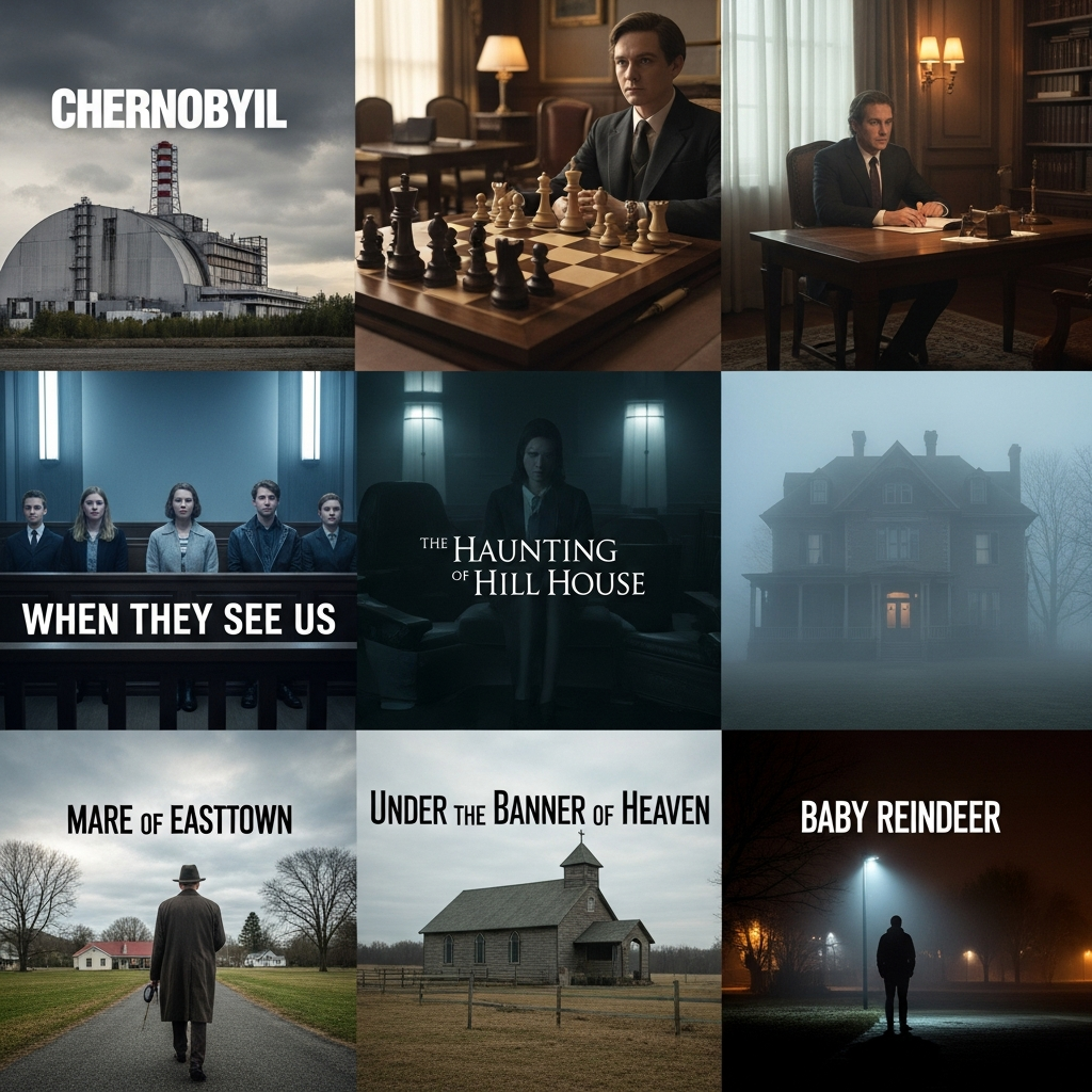 Imagem ilustrativa reunindo referências visuais das 7 melhores minisséries para maratonar em um fim de semana, incluindo Chernobyl, O Gambito da Rainha, Olhos que Condenam, A Maldição da Residência Hill, Mare of Easttown, Em Nome do Céu e Bebê Rena.