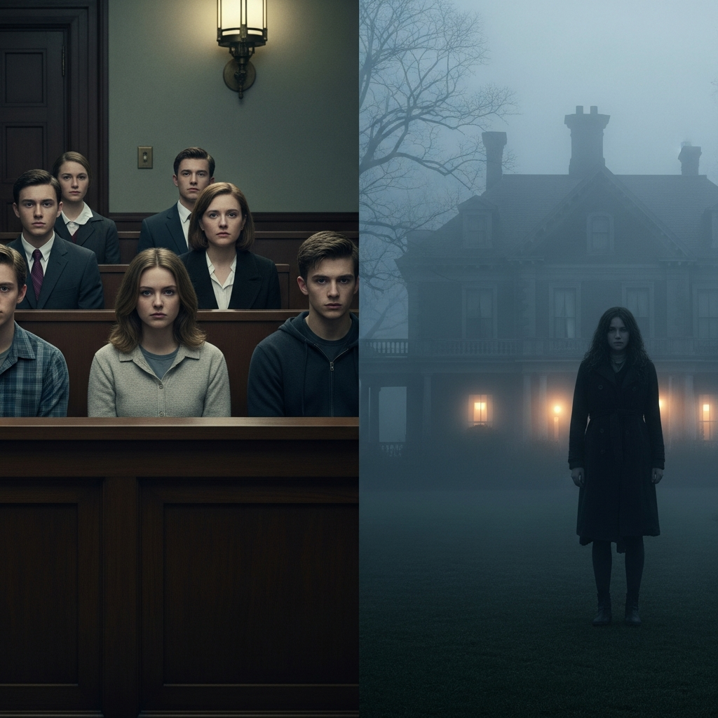 Imagem ilustrativa inspirada em Olhos que Condenam e A Maldição da Residência Hill, representando injustiça, trauma e terror psicológico em minisséries impactantes