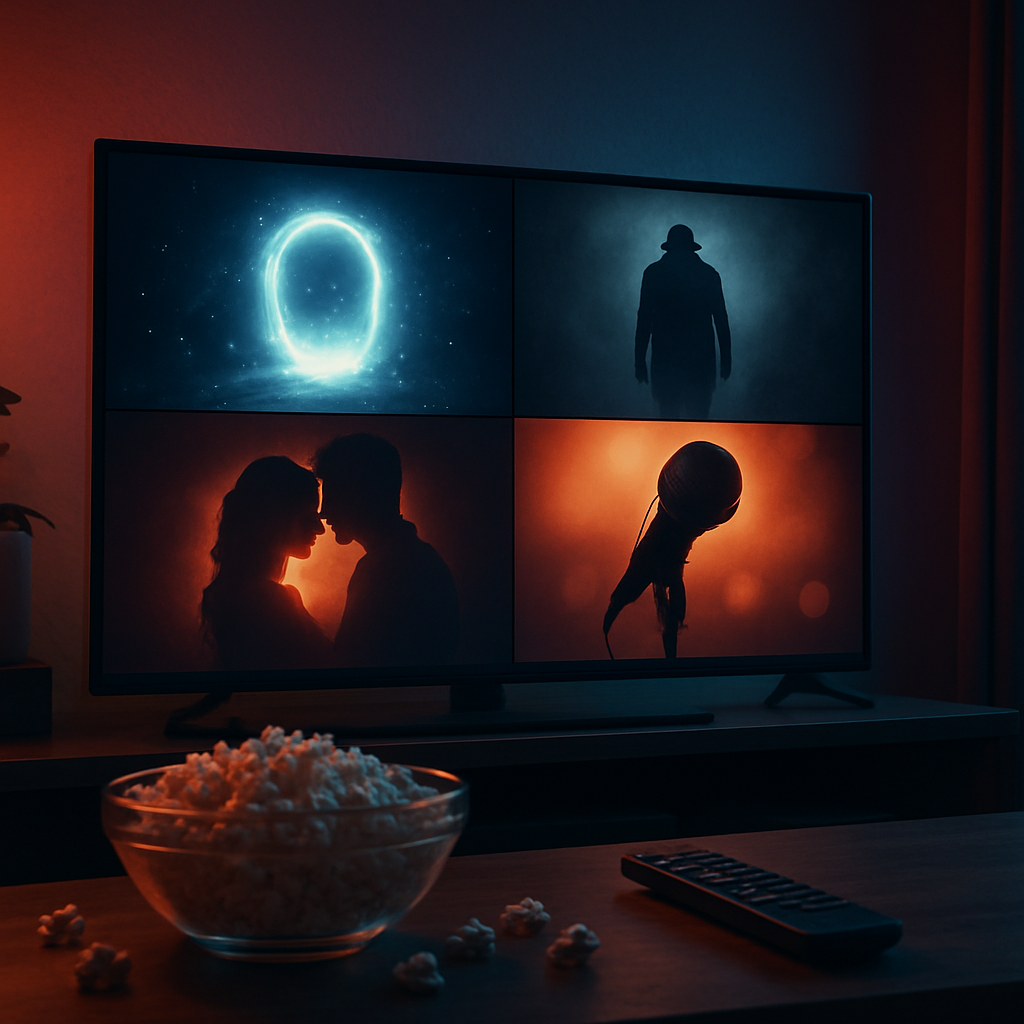 Imagem ilustrativa dos lançamentos da Netflix, com elementos que representam ficção científica, suspense, romance e comédia, destacando séries e filmes disponíveis para maratona entre o fim de 2025 e o início de 2026.