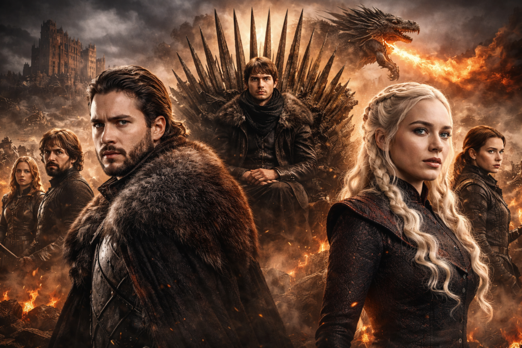 Final de Game of Thrones com Jon Snow, Daenerys Targaryen e Bran Stark diante do Trono de Ferro, simbolizando as decisões finais da série