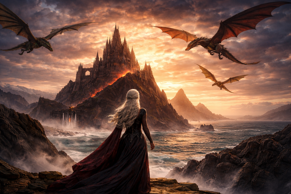 Ilustração inspirada em Daenerys Targaryen observando uma cidade em chamas com dragão ao fundo, simbolizando poder e queda em Game of Thrones