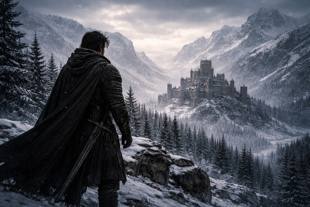 Guerreiro medieval solitário observa um castelo coberto de neve à distância, simbolizando conflito de identidade, origem incerta e busca por pertencimento. Quem é Jon Snow?