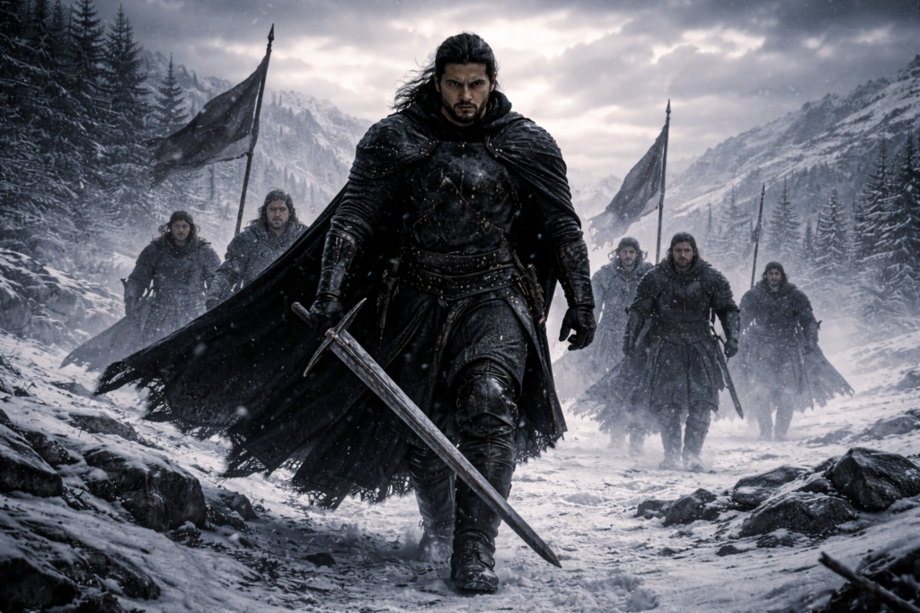 Quem é Jon Snow: líder medieval caminha à frente de guerreiros em cenário nevado, simbolizando liderança, sacrifício e destino na fantasia épica.