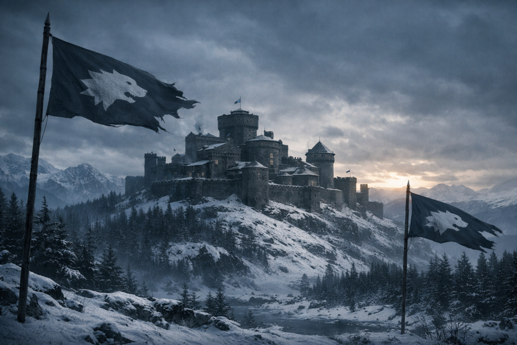 Casa Stark em Game of Thrones representada por castelo do Norte em cenário nevado