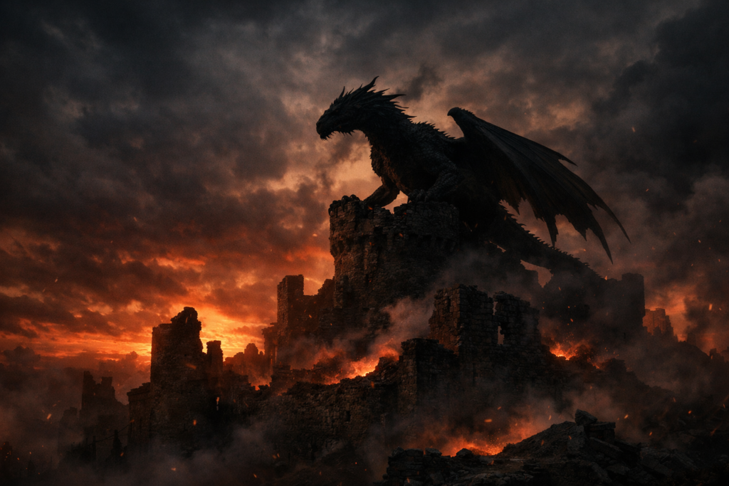 Casa Targaryen em Game of Thrones representada por dragão em fortaleza medieval sob céu dramático
