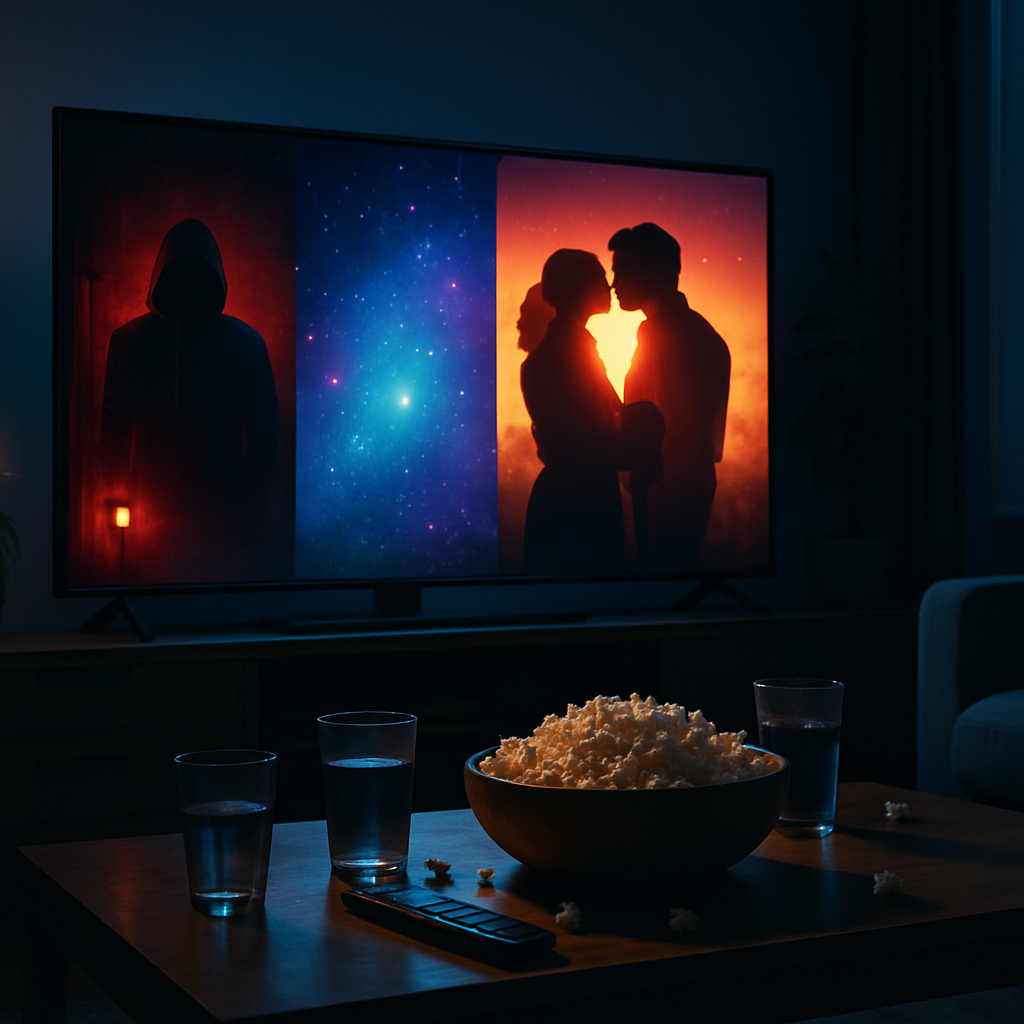 Imagem ilustrativa de lançamentos da semana nos streamings, com elementos de filmes de suspense, ficção científica, romance e comédia, representando estreias entre 28 de dezembro de 2025 e 4 de janeiro de 2026.