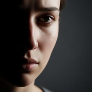 Representação cinematográfica do suspense psicológico, destacando tensão emocional e conflito mental.