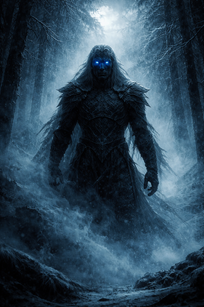 Caminhantes brancos de Game of Thrones em cenário congelado com olhos azuis brilhando na névoa do norte