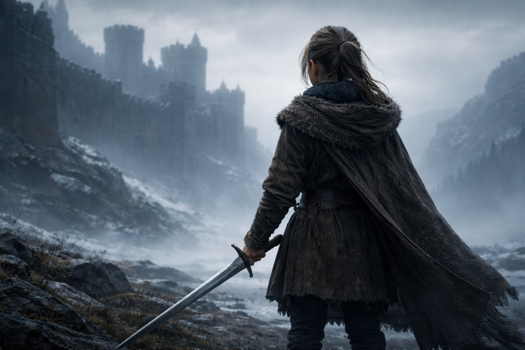 Jovem guerreira vista de costas segurando uma espada em paisagem medieval fria e enevoada, simbolizando sobrevivência e perda.