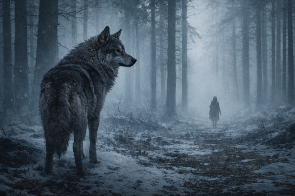 Lobo solitário em floresta medieval fria e enevoada, observando à distância uma figura humana que se afasta, simbolizando separação e sobrevivência de arya stark em game of thrones.