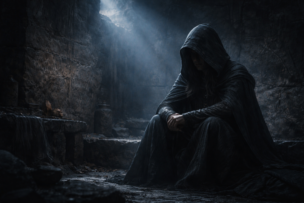 Figura encapuzada em ambiente medieval sombrio, simbolizando a memória e a resistência de Arya Stark Game of Thrones em sua trajetória de sobrevivência.