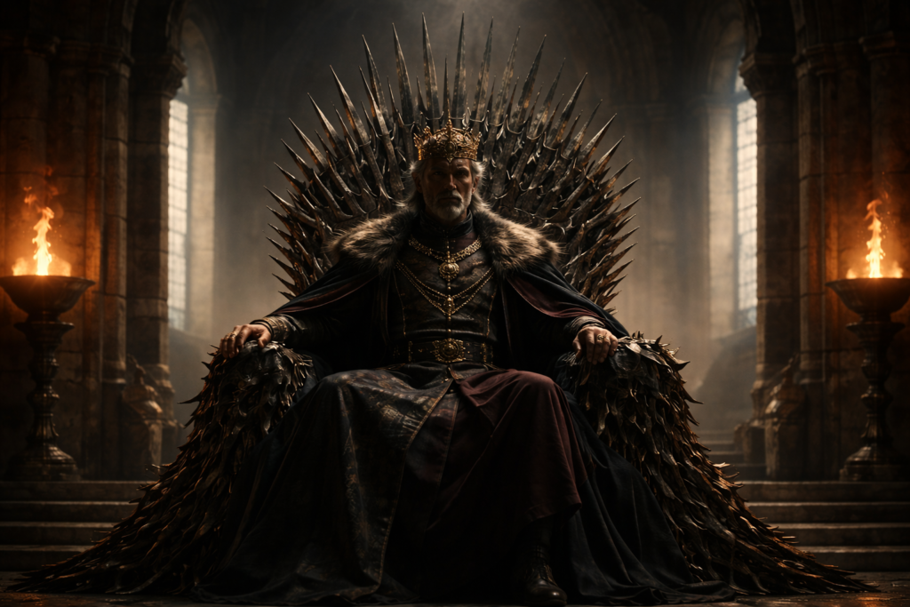 Aerys II Targaryen representado antes da loucura, como um rei firme e confiante em um grande salão, simbolizando o início de seu reinado.