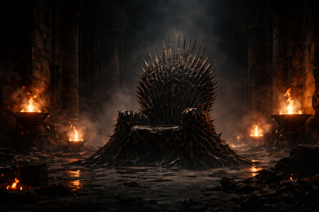 Trono vazio simbolizando as decisões de Aerys II Targaryen que levaram à queda e à destruição da Casa Targaryen.