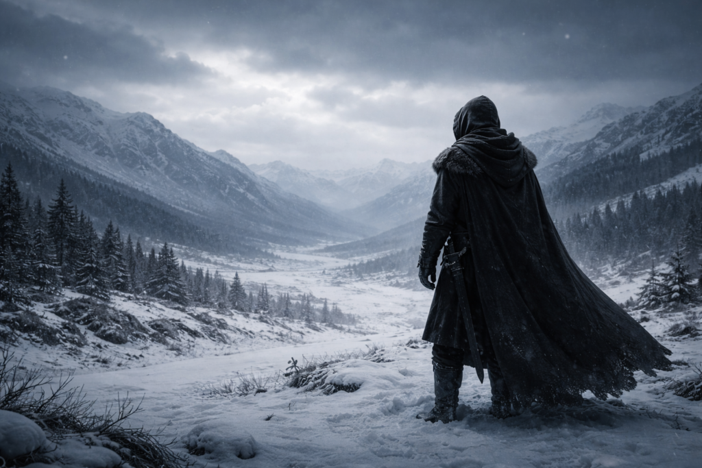 Legado de Aerys II Targaryen refletido em uma figura solitária na paisagem gelada, simbolizando a ruptura do ciclo de tragédia da Casa Targaryen.