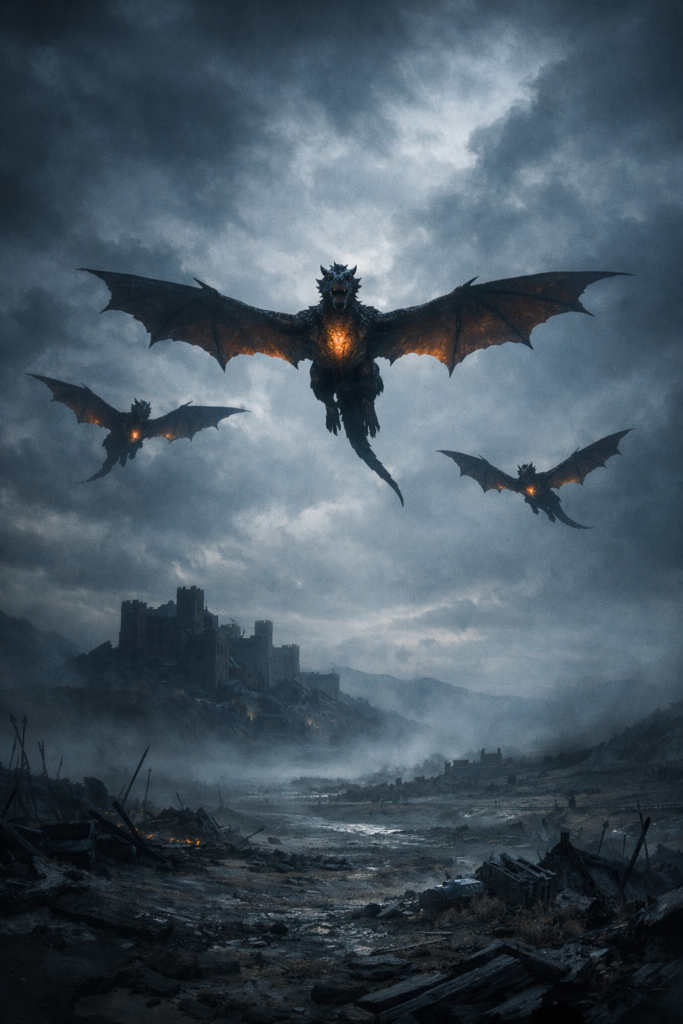 Dragões em Game of Thrones voando sobre Westeros, símbolo do poder da Casa Targaryen