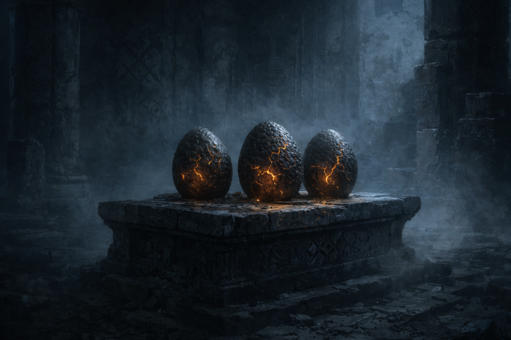 Ovos de dragão antigos em altar valiriano simbolizando a origem dos dragões em Game of Thrones