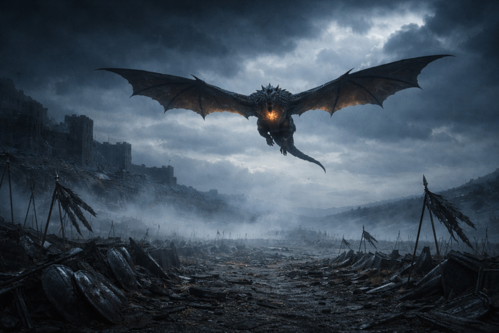 Dragão da Casa Targaryen sobrevoando campo de batalha em Westeros e simbolizando o impacto dos dragões na guerra